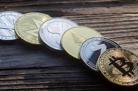 different crypto coins in display