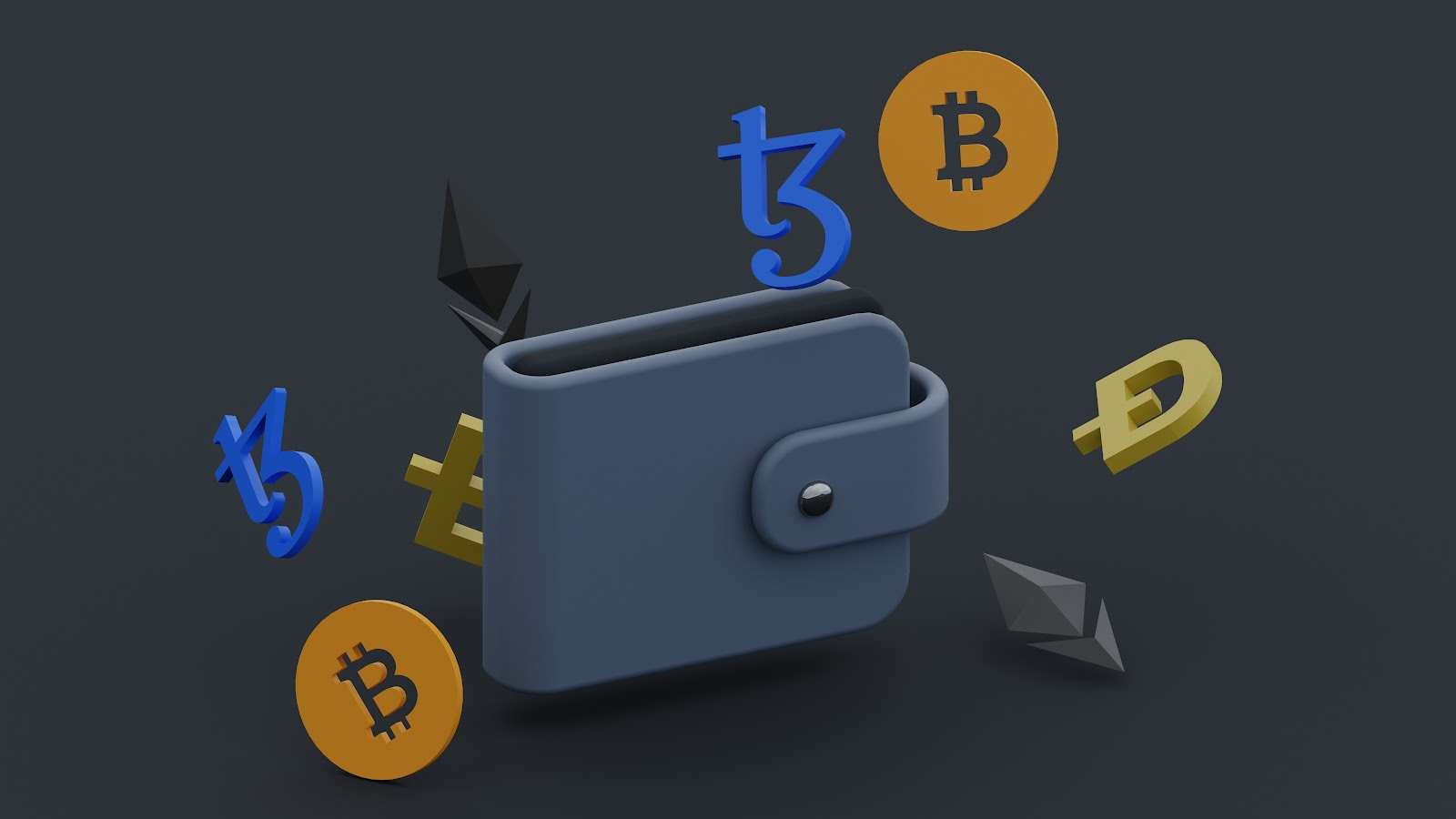 A grey wallet with BTC eth dao and tez logos surrounding it