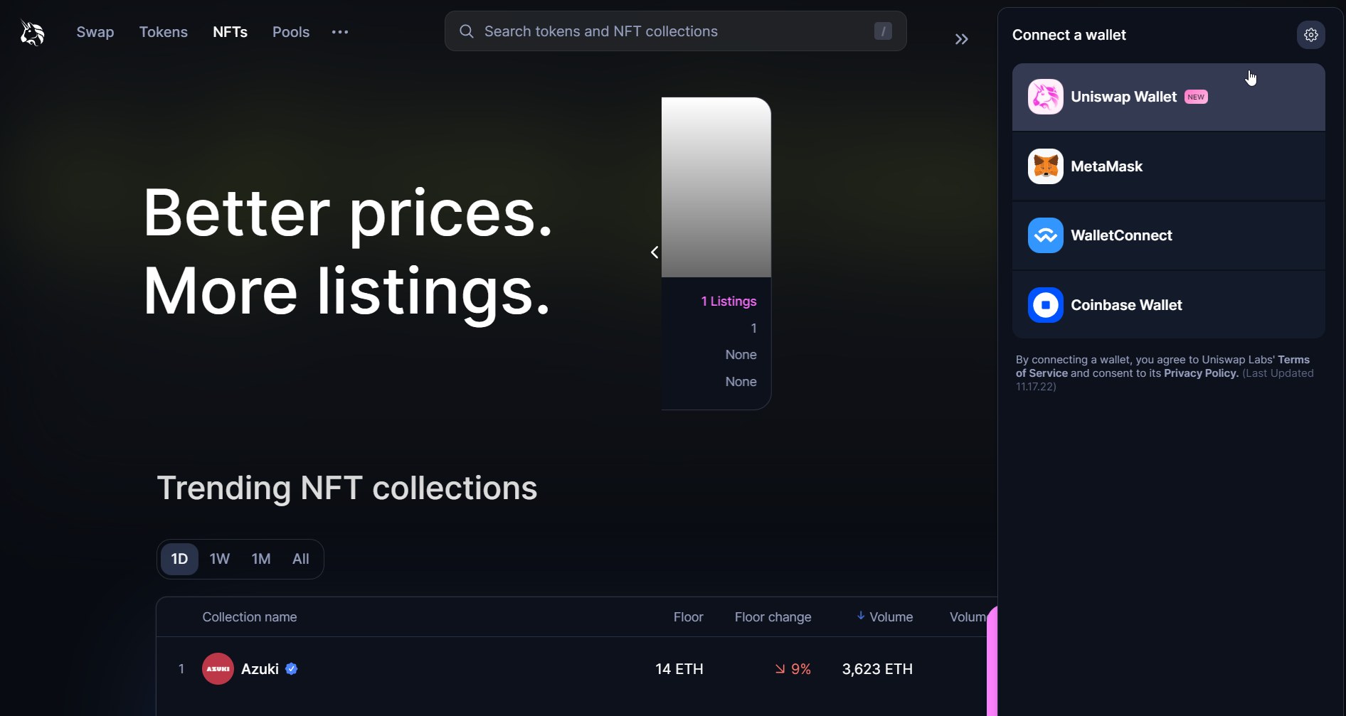 Uniswap website with connect wallet options