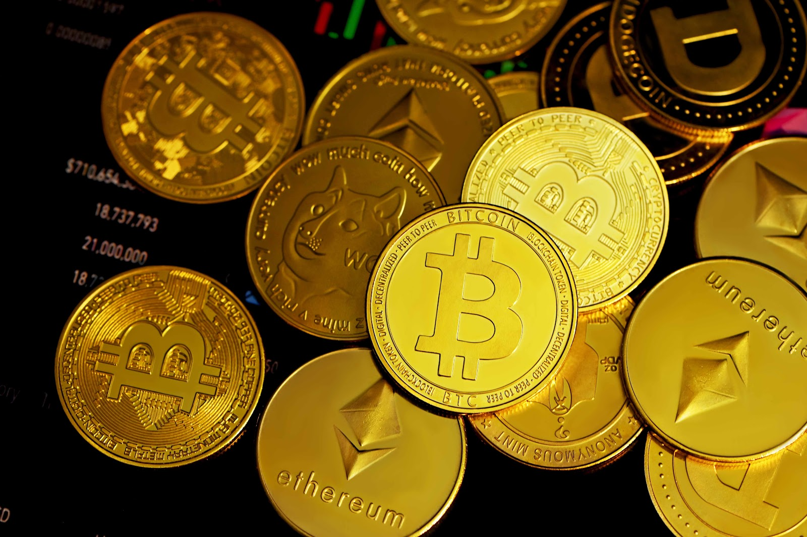 Multiple cryptocurrencies on a black background